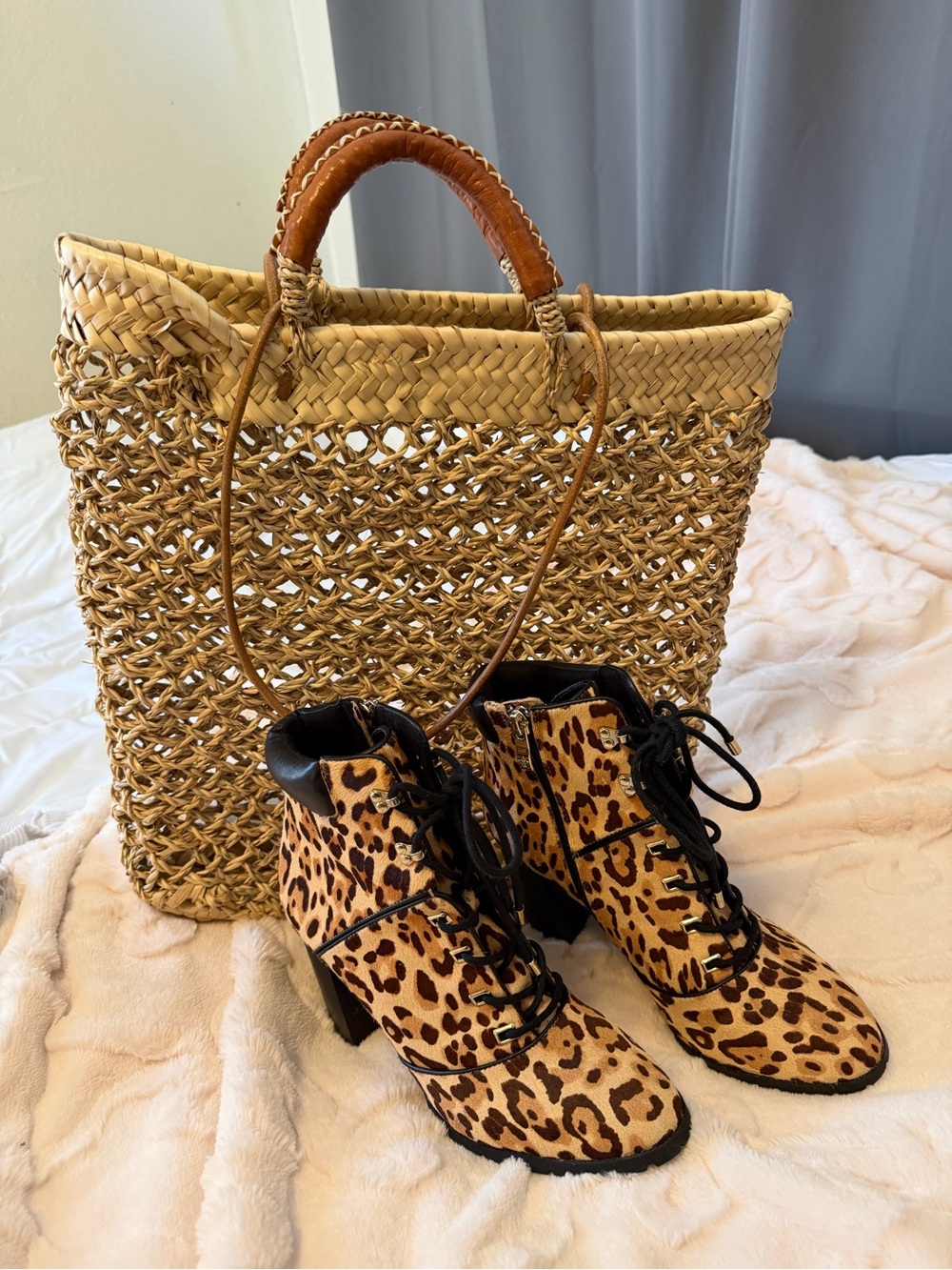 Woven Straw Tote with Brown Leather-Wrapped Handles - Picture 12 of 12